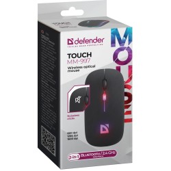 Mysz bezprzewodowa Defender TOUCH MM-997 optyczna 1600dpi 2.4 GHz + Bluetooth czarna RGB AKUMULATOR bezklikowa silent