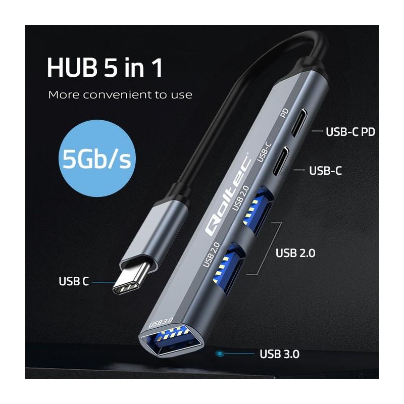 Hub Qoltec adapter USB-C 3.1 5w1 | USB-C PD | USB-C | 2x USB 2.0 | USB 3.0