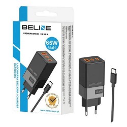 Ładowarka sieciowa Beline 65W GaN 2xUSB-C PD 3.0 + 1xUSB-A QC 3.0 +kabel USB-C - czarna