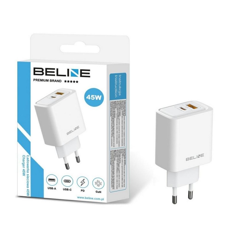Ładowarka sieciowa Beline 45W 1xUSB-C + 1xUSB GaN PD 3.0 QC 3.0 bez kabla - biała