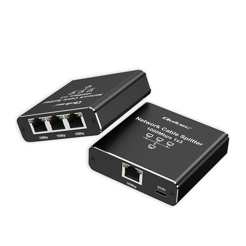 Switch niezarządzalny Qoltec mini rozdzielacz splitter 1x3 port RJ45 | 1000Mbps | USB-C | Aluminium