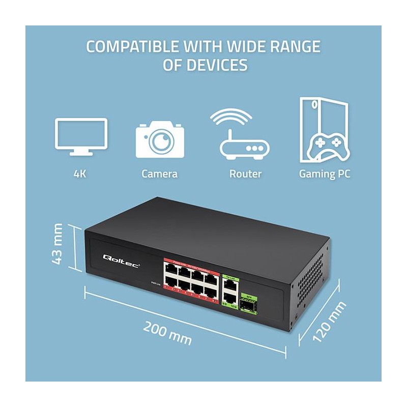 Switch niezarządzalny Qoltec przełącznik sieciowy FAST Ethernet 8x RJ45 PoE 2x RJ45 Uplink 1x SFP | 120W | 1000 Mb/s