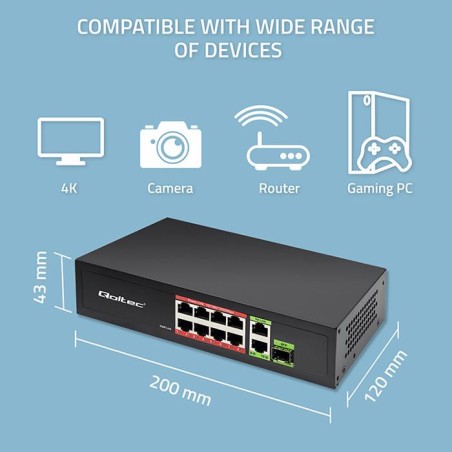 Switch niezarządzalny Qoltec przełącznik sieciowy FAST Ethernet 8x RJ45 PoE 2x RJ45 Uplink 1x SFP | 120W | 1000 Mb/s