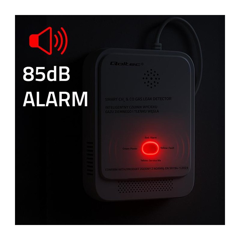 Czujnik wycieku gazu ziemnego i tlenku węgla Qoltec | alarm 85dB | LED