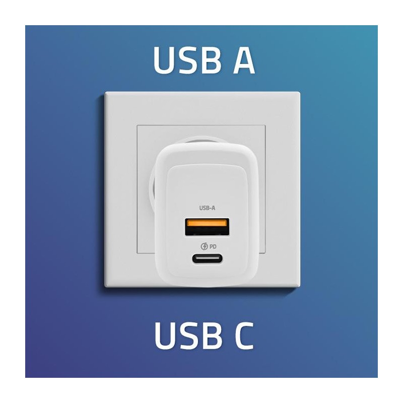 Ładowarka sieciowa Qoltec 20W GaN | 5-20V | 1.5-3A | 1xUSB-C PD | 1xUSB QC 3.0 | Biała