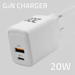 Ładowarka sieciowa Qoltec 20W GaN | 5-20V | 1.5-3A | 1xUSB-C PD | 1xUSB QC 3.0 | Biała
