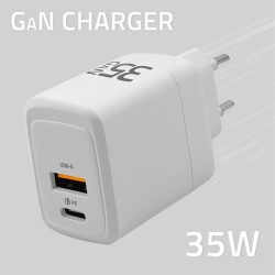 Ładowarka sieciowa Qoltec 35W GaN | 5-20V | 1.5-3A | 1xUSB-C PD | 1xUSB QC 3.0 | Biała