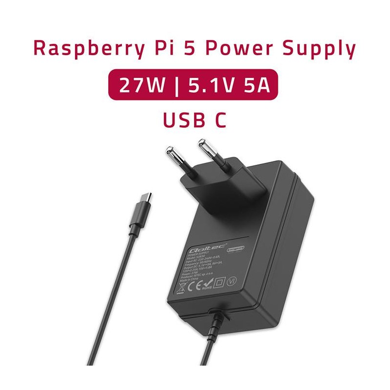 Ładowarka Qoltec Super FAST PD do Raspberry PI 5 | USB-C | 27W | 5-12V | 1.8-5A | Czarny
