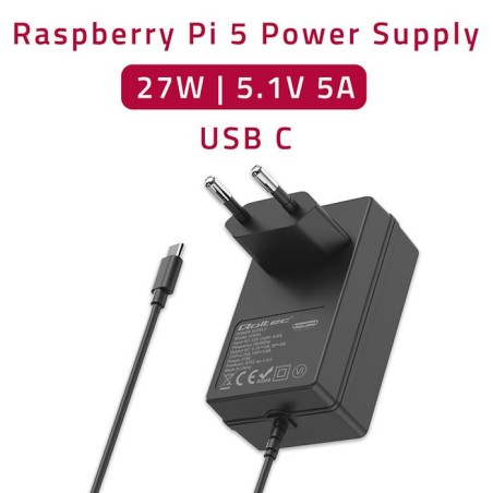 Ładowarka Qoltec Super FAST PD do Raspberry PI 5 | USB-C | 27W | 5-12V | 1.8-5A | Czarny