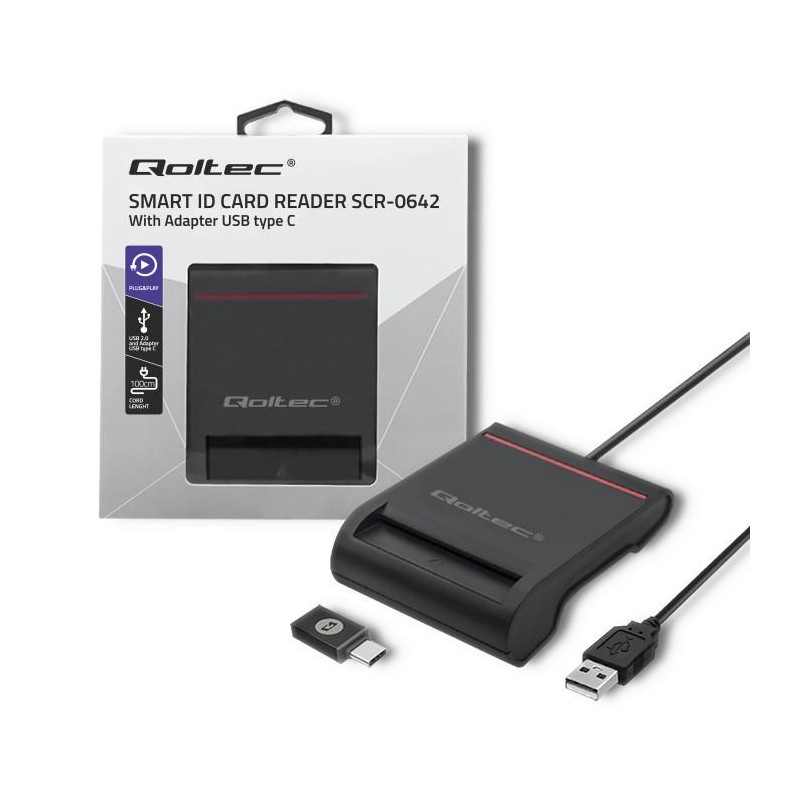 Czytnik kart chipowych ID Qoltec SCR-0642 | USB 2.0 + adapter USB-C