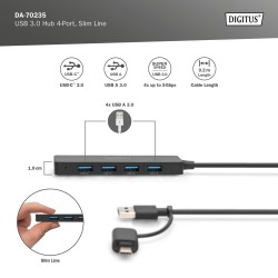 Hub USB 3.0/Koncentrator DIGITUS 4-portowy SlimLine USB A + adapter USB-C 0,2m 5Gbps złącze zasilania USB-C