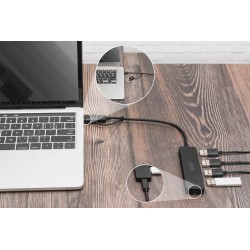 Hub USB 3.0/Koncentrator DIGITUS 4-portowy SlimLine USB A + adapter USB-C 0,2m 5Gbps złącze zasilania USB-C