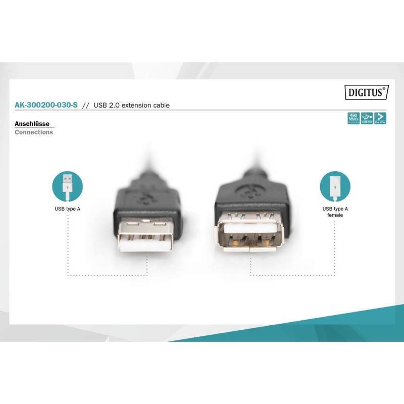 Przedłużacz USB 2.0 DIGITUS A/M - A/Ż, 3,0m, czarny