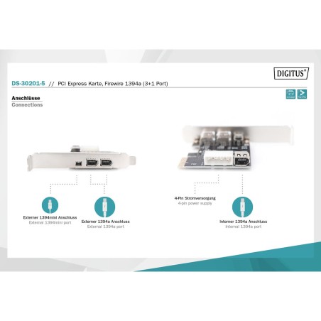 Kontroler Firewire (400) DIGITUS PCI Express, 3xZew. IEEE1394a 6pin + Mini, Low Profile
