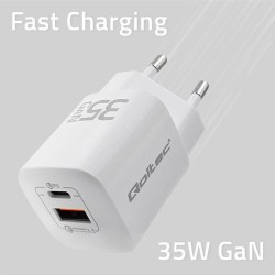 Ładowarka sieciowa Qoltec 35W GaN ULTRA | 5-20V | 2.25-3A | 1 x USB typ C PD | 1 x USB | Biała