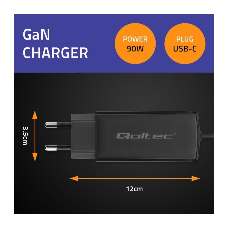 Ładowarka sieciowa Qoltec 90W GaN Super Fast | 5-20V | 3-4.5A | USB-C 3.1 | Laptop | Smartfon | Tablet