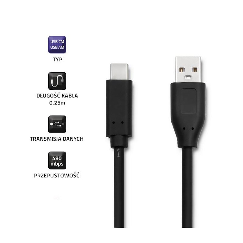 Kabel USB 2.0 Qoltec A męski/ USB 3.1 typC Męski | 0,25m