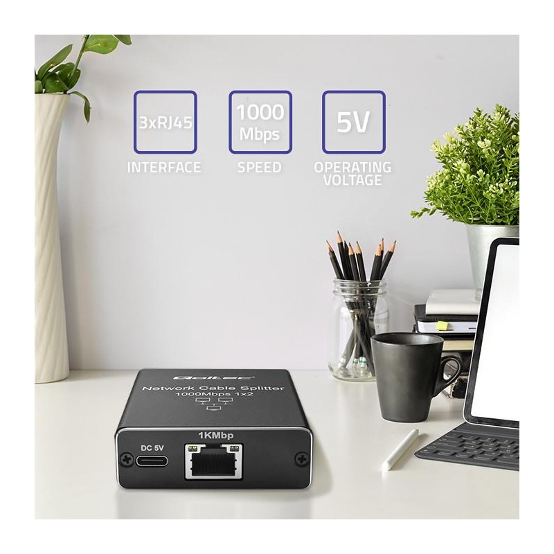 Switch niezarządzalny Qoltec mini rozdzielacz splitter 1x2 port RJ45 | 1000Mbps | USB-C | Aluminium