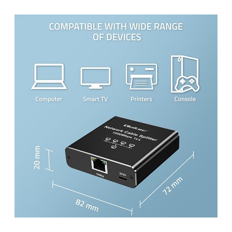 Switch niezarządzalny Qoltec mini rozdzielacz splitter 1x4 port RJ45 | 1000Mb/s | USB-C | Aluminium