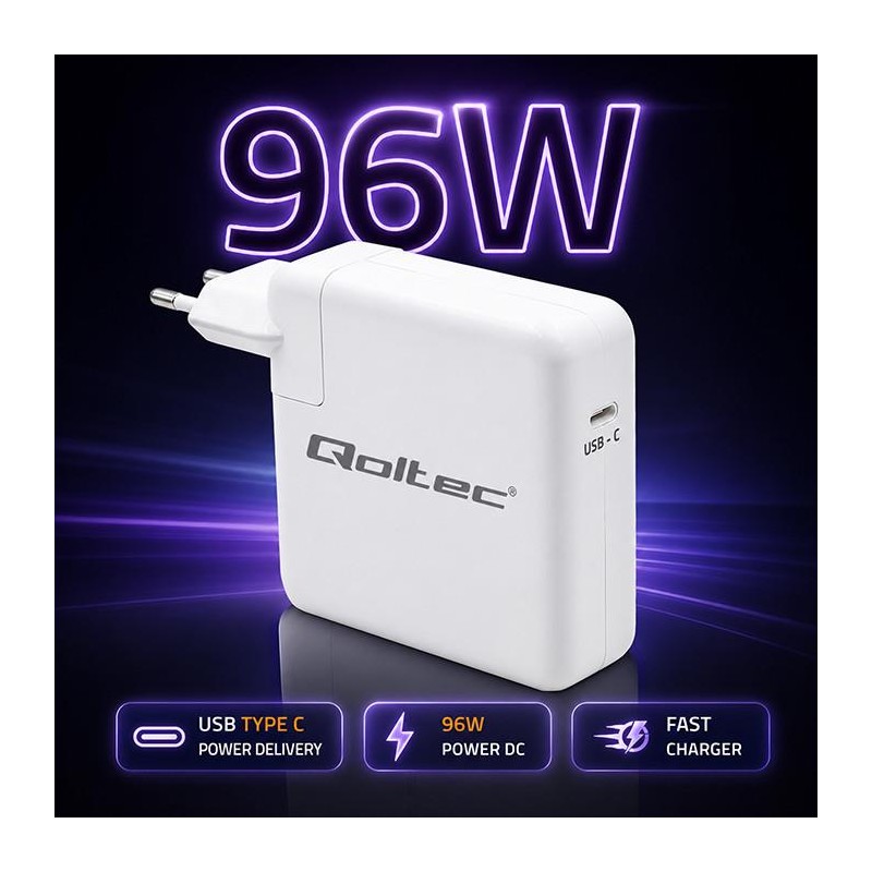 Ładowarka sieciowa Qoltec 96W | USB-C 3.0 | 5-20V | 3-4.8A