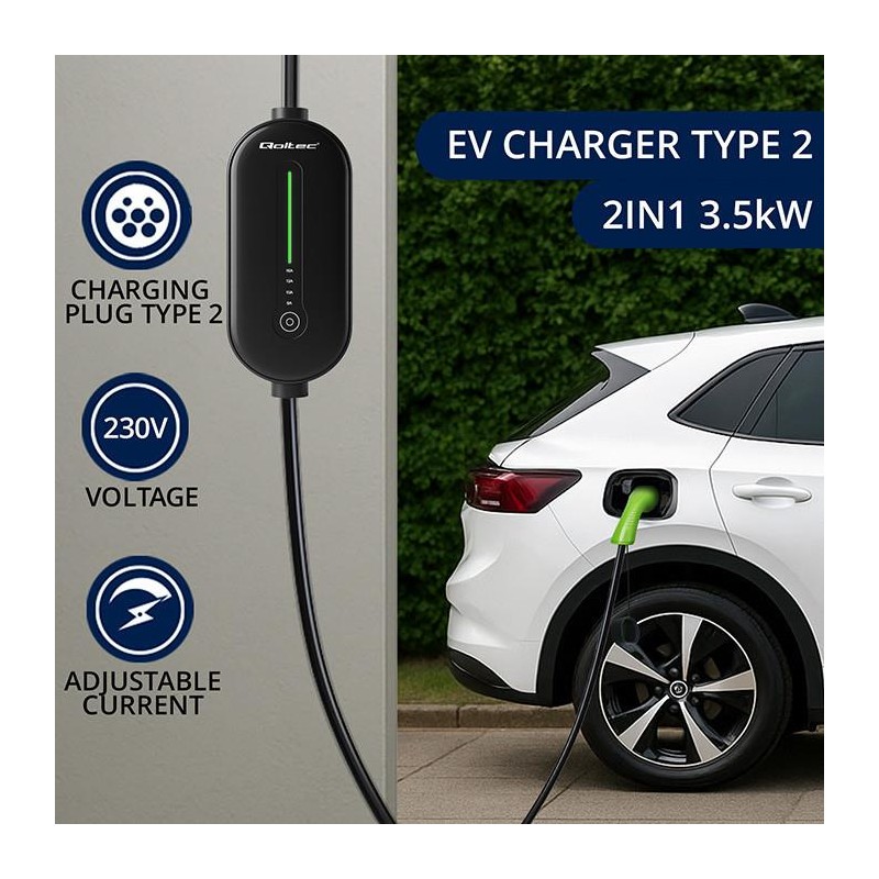 Ładowarka Qoltec do samochodu elektrycznego EV z regulacją 2w1 typ2 | 3.5kW | 230V | LCD | LED | 5m