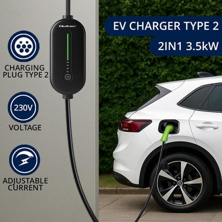 Ładowarka Qoltec do samochodu elektrycznego EV z regulacją 2w1 typ2 | 3.5kW | 230V | LCD | LED | 5m