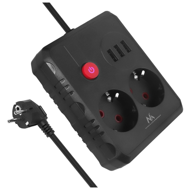Listwa zasilająca Maclean MCE387 B, przedłużacz 2 gniazda + 3xUSB, 110-240V AC 50/60Hz, 2.1A max 2500W, 1.5m, czarna