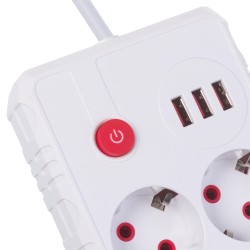 Listwa zasilająca Maclean MCE388 W, przedłużacz 2 gniazda + 3xUSB, 110-240V AC 50/60Hz, 2.1A max 2500W, 3 m, biała