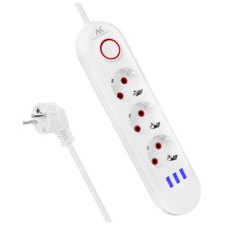 Listwa zasilająca Maclean MCE394 W, przedłużacz 3gniazda + 3xUSB, 110-240V AC 50/60Hz, 2.1A max 2500W, 1,5m, biała