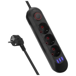 Listwa zasilająca Maclean MCE394 B, przedłużacz 3gniazda + 3xUSB, 110-240V AC 50/60Hz, 2.1A max 2500W, 1,5m, czarna