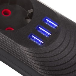 Listwa zasilająca Maclean MCE394 B, przedłużacz 3gniazda + 3xUSB, 110-240V AC 50/60Hz, 2.1A max 2500W, 1,5m, czarna