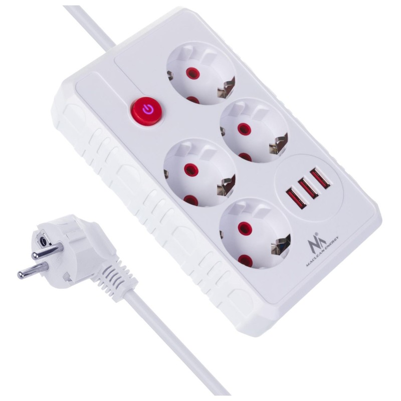 Listwa zasilająca Maclean MCE392 W, przedłużacz 4 gniazda + 3xUSB, 110-240V AC 50/60Hz, 2.1A max 2500W, 1,5m, biała