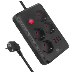 Listwa zasilająca Maclean MCE392 B, przedłużacz 4 gniazda + 3xUSB, 110-240V AC 50/60Hz, 2.1A max 2500W, 1,5m, czarna