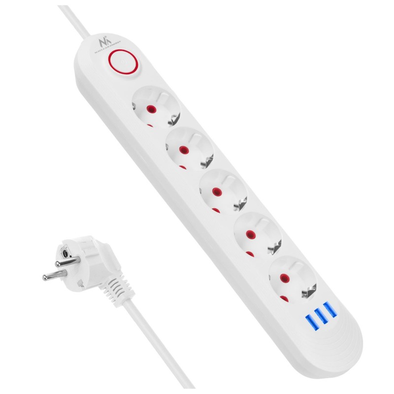 Listwa zasilająca Maclean MCE395 W, przedłużacz 5 gniazd + 3xUSB, 110-240V AC 50/60Hz, 2.1A max 2500W, 1,5m, biała