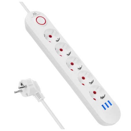 Listwa zasilająca Maclean MCE395 W, przedłużacz 5 gniazd + 3xUSB, 110-240V AC 50/60Hz, 2.1A max 2500W, 1,5m, biała