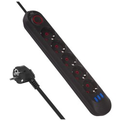 Listwa zasilająca Maclean MCE395 B, przedłużacz 5 gniazd + 3xUSB, 110-240V AC 50/60Hz, 2.1A max 2500W, 1,5m, czarna