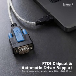 Kabel adapter DIGITUS USB 2.0 do RS232 (DB9), Chipset FTDI (FT232RNL), PVC, Transparentny, Mocowanie na śruby, 1.8m