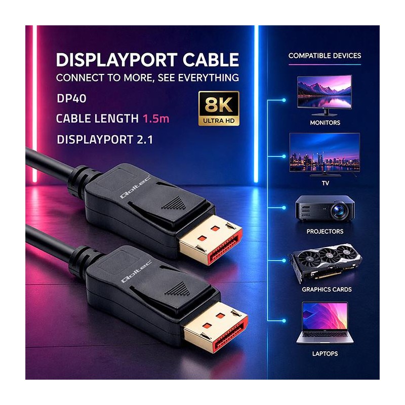 Kabel DisplayPort Qoltec M/M v2.1 | 40G | 1.5m