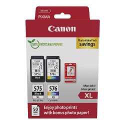 Zestaw tuszy Canon PG-575 XL Black 15 ml 300 str./CL-576 XL Color 12,6 ml 300 str. + papier fotograficzny GP-501 Glossy (5437C00