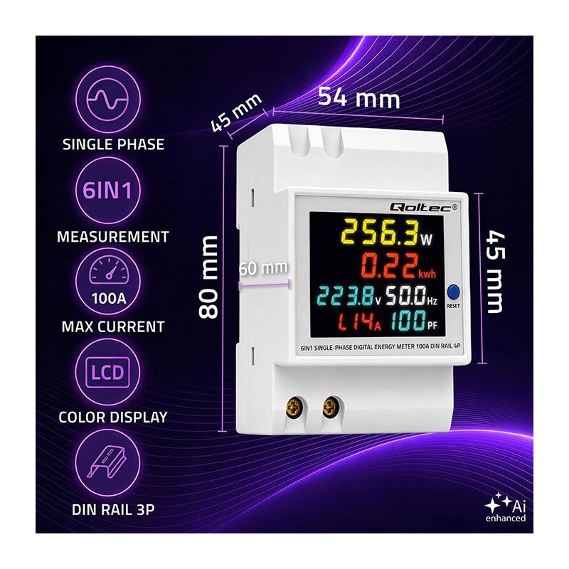 Miernik zużycia energii Qoltec na szynę DIN | jednofazowy | 230V | 100A