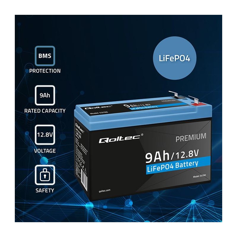 Akumulator LiFePO4 Qoltec Litowo-Żelazowo-Fosforanowy | 12.8V | 9Ah | 115.2Wh | BMS