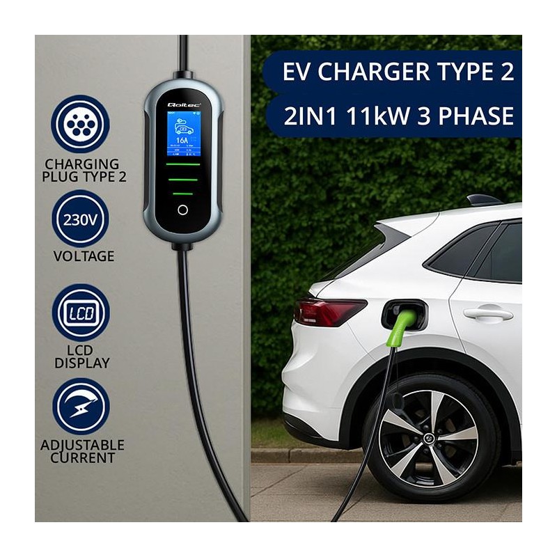 Ładowarka Qoltec do samochodu elektrycznego EV z regulacją 2w1 typ2 | 3.5kW | 230V | Wi-Fi | TUYA | SMART LIFE | LCD | Przenośna