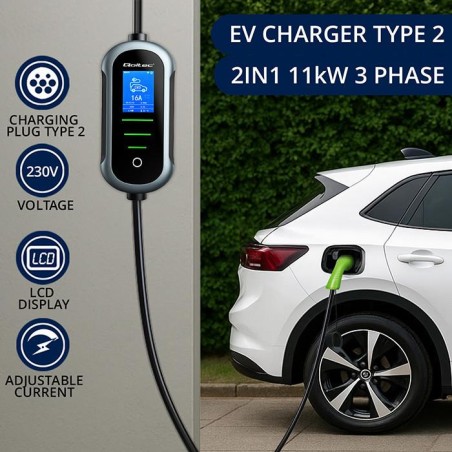 Ładowarka Qoltec do samochodu elektrycznego EV z regulacją 2w1 typ2 | 3.5kW | 230V | Wi-Fi | TUYA | SMART LIFE | LCD | Przenośna