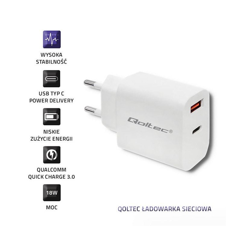 Ładowarka sieciowa Qoltec 18W | 5-12V | 1.5-3A | USB typ C PD | USB QC 3.0 | Biała