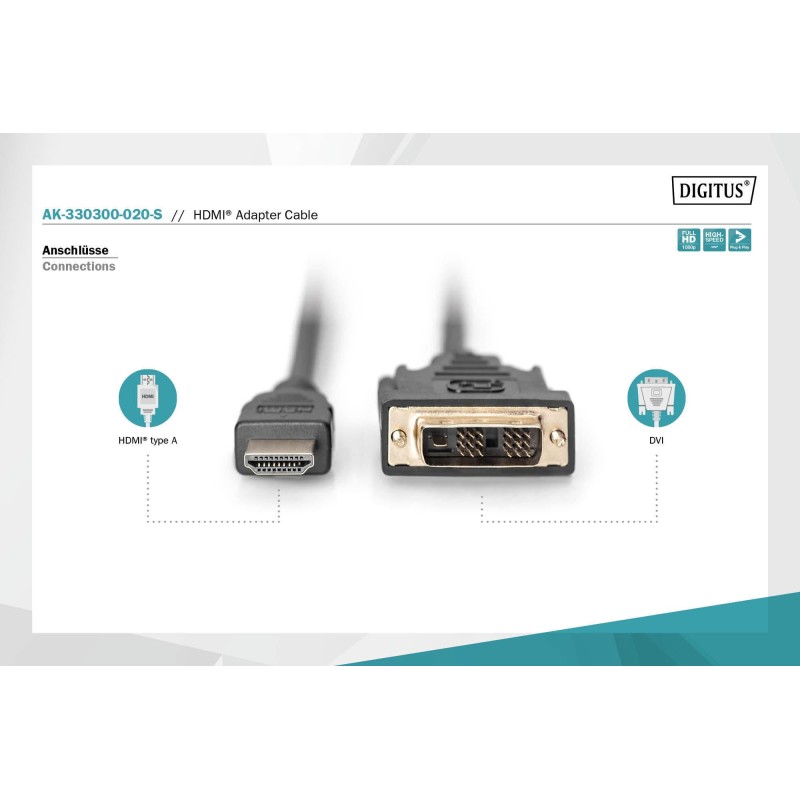 Kabel adapter DIGITUS HDMI Highspeed 1.3 Typ A / DVI-D(18+1), M/M 2m Black