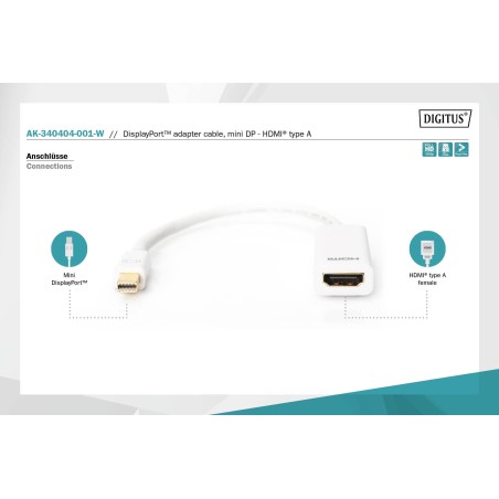 Kabel adapter DIGITUS mini Displayport 1080p 60Hz DP++ / HDMI M/Ż biały 0,15m