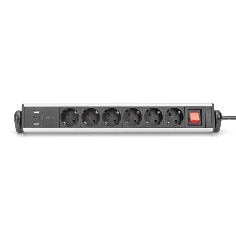 Listwa zasilająca DIGITUS biurowa 45° 6 gniazdowa 2xUSB-A 1xUSB-C (5V/3,4A) obrót 180° aluminiowa, z zaciskiem na blat