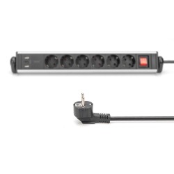 Listwa zasilająca DIGITUS biurowa 45° 6 gniazdowa 2xUSB-A 1xUSB-C (5V/3,4A) obrót 180° aluminiowa, z zaciskiem na blat