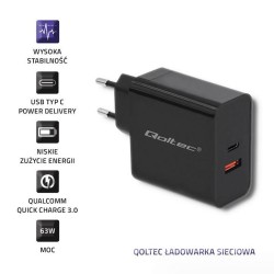 Ładowarka sieciowa Qoltec 63W | 5-20V | 1.5-3A | USB typ C PD | USB QC 3.0 | Czarna