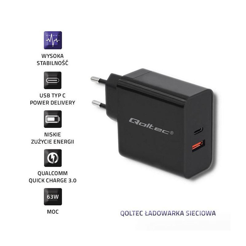 Ładowarka sieciowa Qoltec 63W | 5-20V | 1.5-3A | USB typ C PD | USB QC 3.0 | Czarna